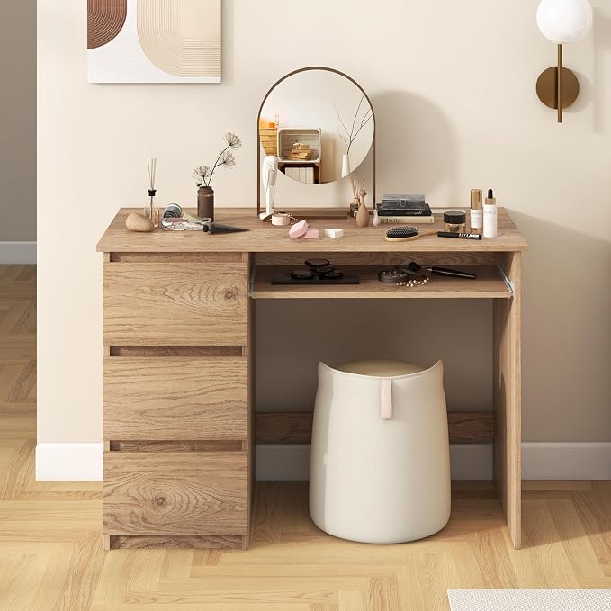 DREAMADE 42" Computer Desk with 3 Drawers and Keyboard Tray, Natural | Wood Study Desk with Storage, Built-in Charging Station & Slide Out Tray, Writing Table for Home Office Studyroom & Bedroom