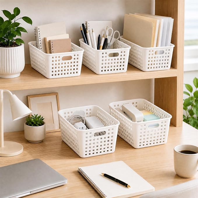 6 Pack Plastic Classroom Storage Baskets, Organizer Bins with Handle | White Color 11" × 7.1" × 4.6" Medium Papers Book Storage Organizer for School Classroom Library Office Home Desktop Bookshelf