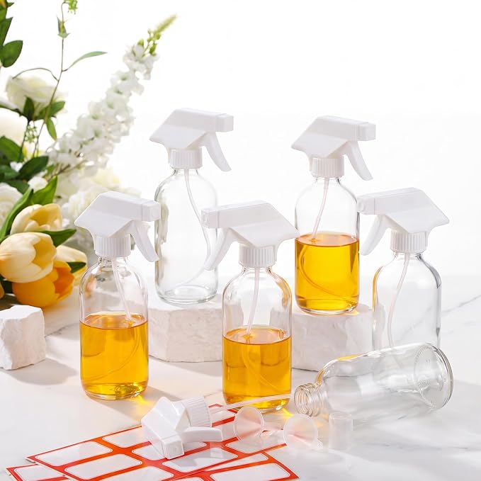Norme 24 Pcs Glass Spray Bottles with Funnels and Labels 8 oz Refillable Cosmetic Empty Spray Containers with Trigger Squirt Containers for Essential Oil Cleaning Solutions (Transparent)