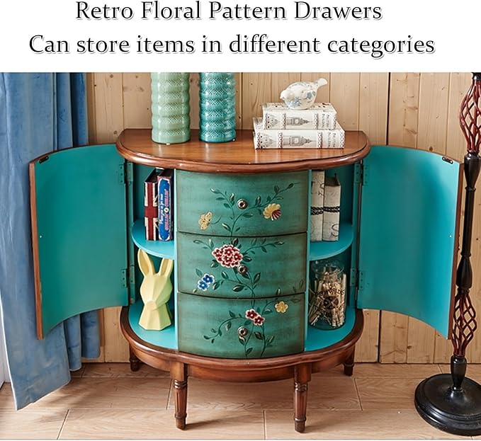 Solid Wood Storage Chest Dresser - Storage Cabinet with 3 Drawers 2 Side Doors,Retro Floral Pattern Drawers Jewelry Box Storage for Hallway/Living Room/Bedroom