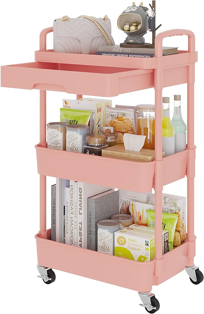 Calmootey 3-Tier Rolling Utility Cart with Drawer,Multifunctional Storage Organizer with Plastic Shelf & Metal Wheel,Storage Cart for Kitchen,Bathroom,Living Room,Office,Pink | Space-Saving Organizer, Sturdy Plastic Shelves, Smooth-Rolling Metal Wheels...