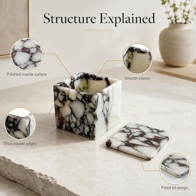 Natural Marble Square Storage Box with Lid, 3.94 in | A small lidded natural marble box that turns jewelry, cotton swabs, and hair ties into a polished vanity display.