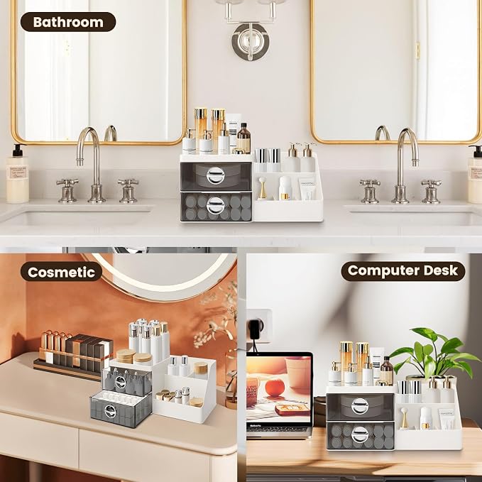 Sunkaioo Makeup Organizer with Clear Drawers,Plastic Skincare Organizers for Vanity,Large Capacity Makeup Organizer Countertop for Cosmetics, Skincare,Office Stationery (Gray Drawer)