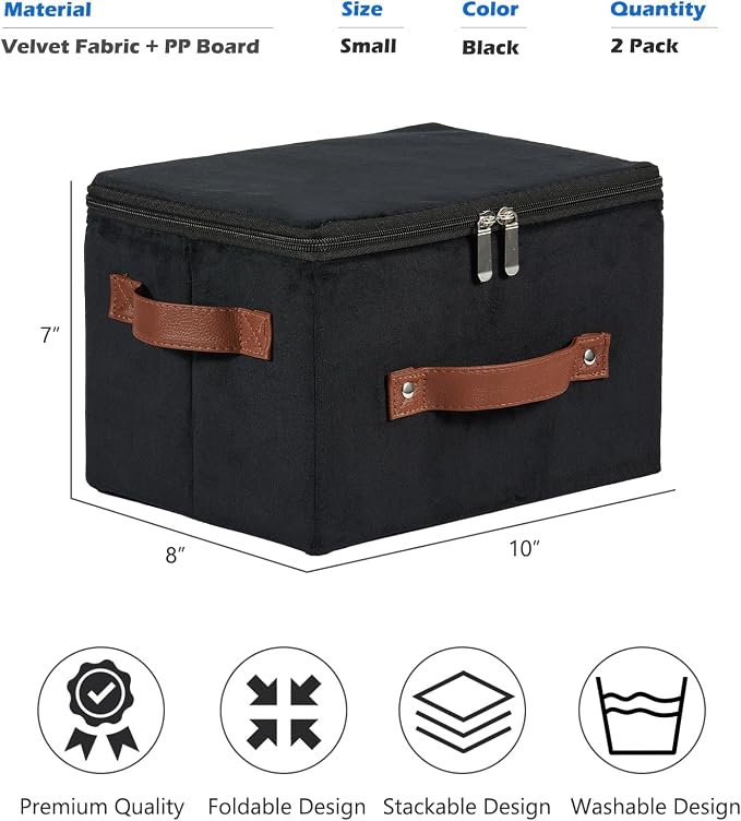 2PCS Storage Bins with Zipper Lid Velvet Fabric Storage Boxes Lidded Baskets Foldable Washable Decorative Closet Shelf Clothes Organizer Container with PU Leather Handles (Black, Small)