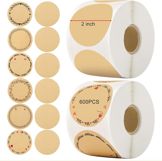 600-Pack 2" Round Kraft Stickers - 300 Elegant Floral Patterns + 300 Blank for Writing, Quick-Peel, Ideal for Pantry Organization, Mason Jars, Spice Jars, Gift Wrapping & DIY Crafts (2 Rolls)
