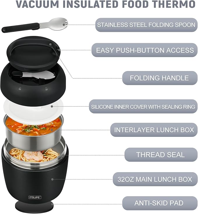 Thermo Food Jar for Hot Food Adults 32OZ Soup Thermo Lunch Containers Wide Mouth Vacuum Insulated Stainless Steel Leakproof Bento Box with Spoon (NEW-BLACK)