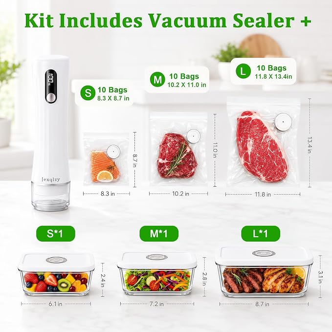 Compact Vacuum Sealer for Food, 80kPa Food Sealer with LED Display | 2000mAh Vacuum Sealer Machine+3Glass Containers+30 Bags, Handheld Vacuum Sealer,Cordless&Portable for Meal Prep, Food Storage