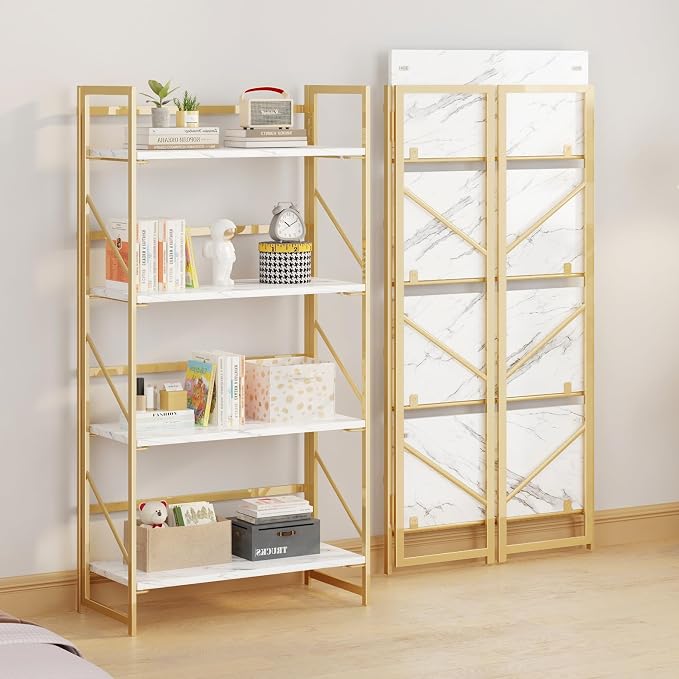 JSB 4 Tier No Assembly Folding Bookshelf, Foldable Storage Bookcase for Home Office, Space-Saving Storage Shelf for Living Room, Bedroom, Office (White&Gold)