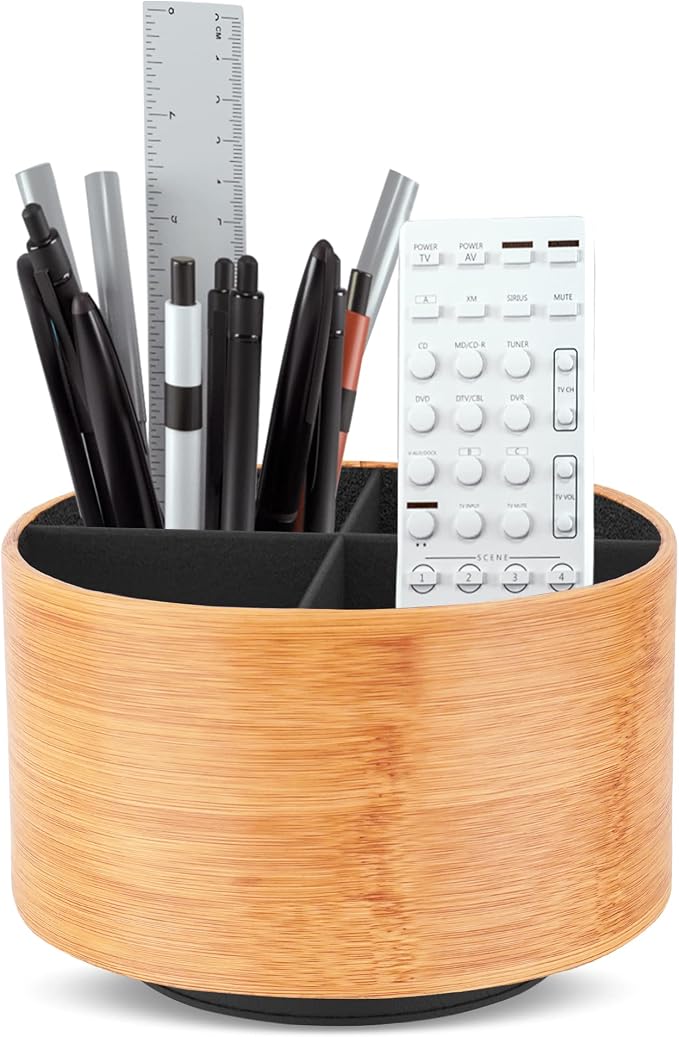Round Leather Art Supply Organizer,Remote Control Holder,360 Degree Spinning,Multi-Functional Pencil Holder,4 Compartments Desktop Stationary Organizer(1-Beige2)