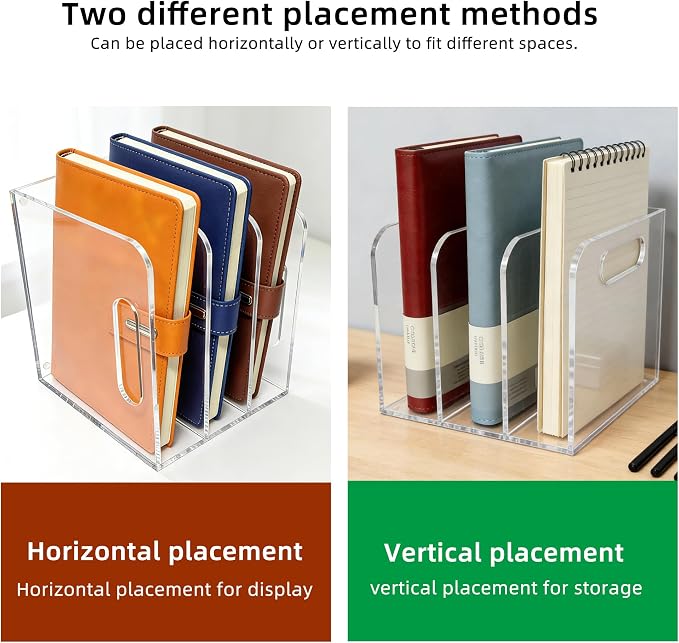Clear Acrylic Magazine File Holder, 3 Compartment Desk Organizer | 3 spacious vertical compartments hold magazines, files, books & more. Clear acrylic, non-slip base. No assembly, portable.