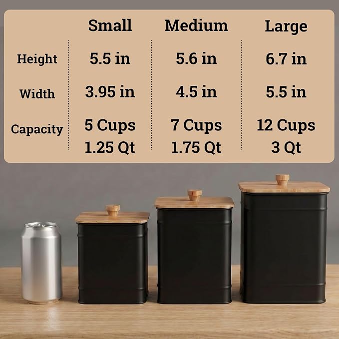 Kitchen Canisters for Countertop Set of 3 w/ Chalkboard Labels & Marker Pen | Airtight Easy Open Bamboo Lids, Dent-Resistant Thick Metal, Customizable Chalkboard Labels, Marker Pen Included, Set of 3