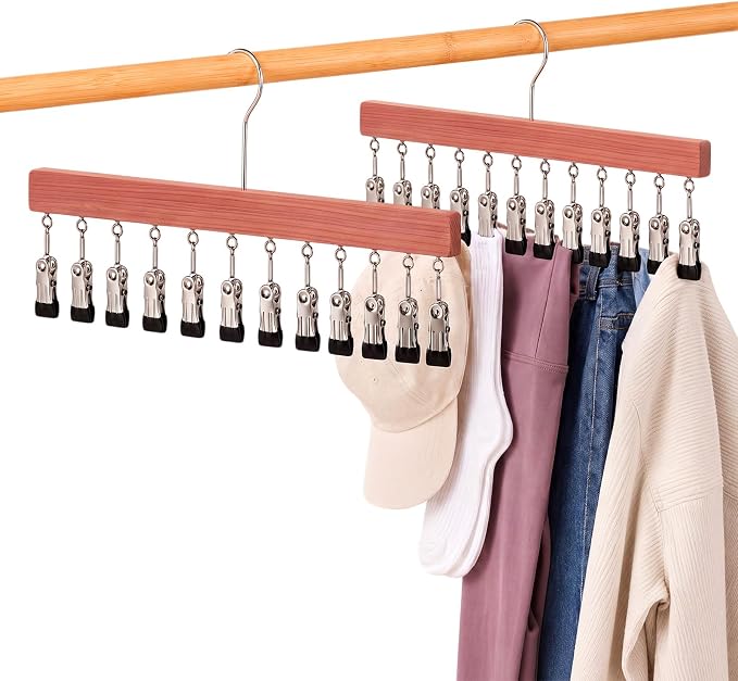 Novabright 2 Pack Cedar Hangers with 12 Clips, 360° Rotating Multi Clip Hangers for Closet, Wooden Hanging Space Saving Organizer for Leggings Pants Jeans Socks Hats Scarves Bras Accessories