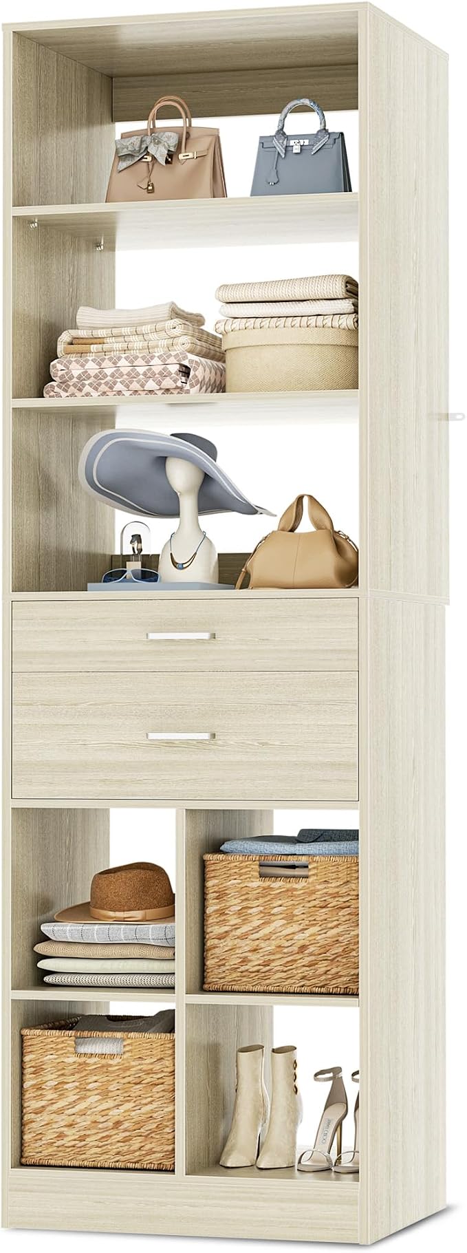 Besiost 18.9" Small Closet System with Drawers, Walk-in Closet Organizer | Small Closet Organizer for Walk in Closet, Bedroom & Nursery, Wardrobe Storage Unit, Greige Oak