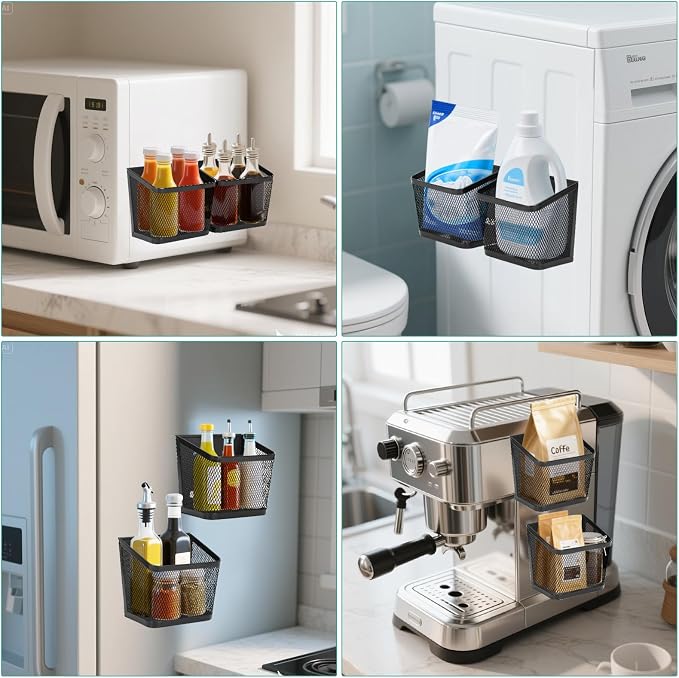 2 Pack Magnetic Spice Rack for Refrigerator and Oven Magnetic Fridge Basket Shelf Organizer for Kitchen Storage (Black)