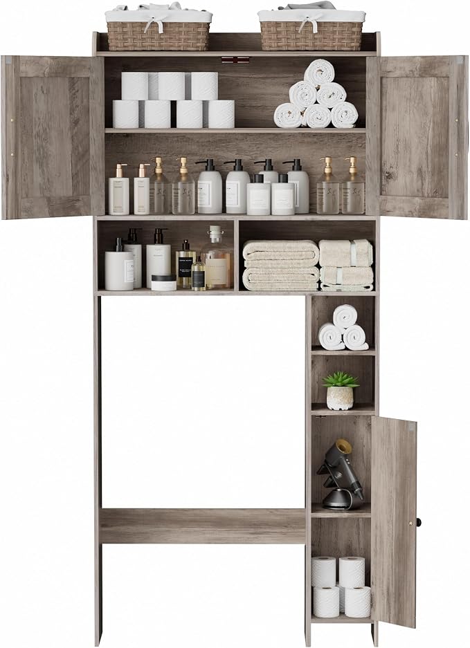 Homhedy Wooden Over The Toilet Storage Cabinet with Barn Door | Freestanding Bathroom Storage, Toilet Paper Holder, Adjustable Shelf,Space-Saving, Farmhouse Style, Greige