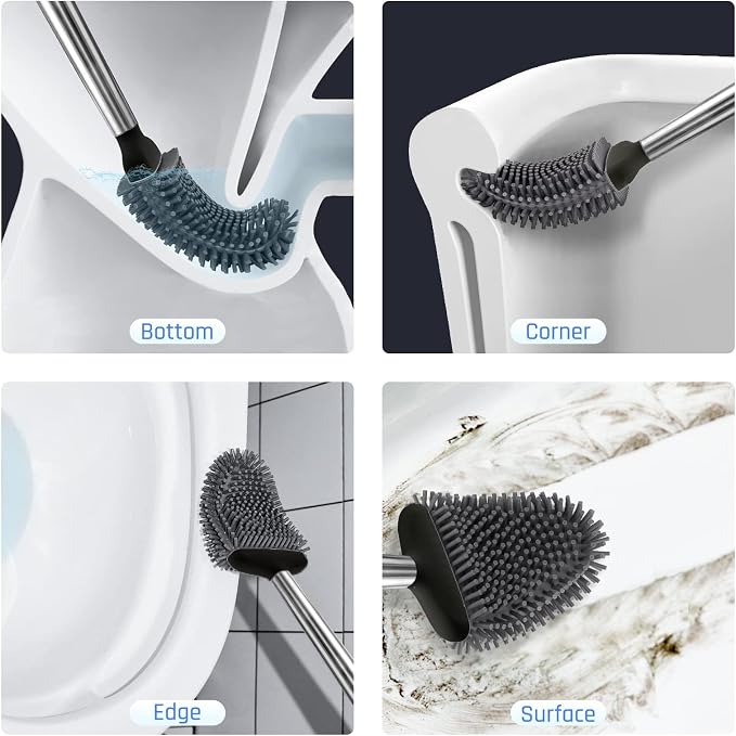 Sellemer Silicone Toilet Brush, Ventilation Slots Base Holder 3 Pack, Black | Flexible Bristles Flat Head for Rim, Hair Tangle-Free, Easy to Clean, Compact Design, Rustproof Handle, for Toilet/Sink/Tub