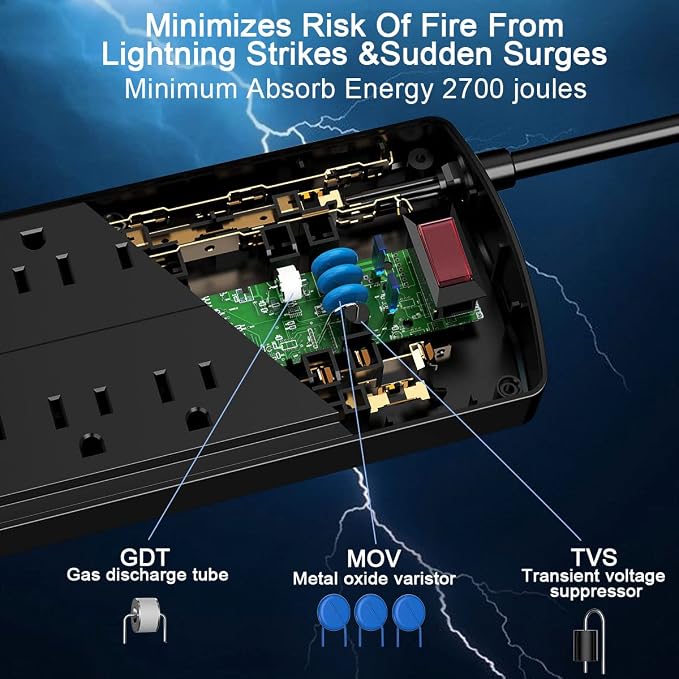 Surge Protector Power Strip - Nuetsa Flat Plug Extension Cord with 8 Outlets and 4 USB Ports, 20 Feet Power Cord, 2700 Joules, ETL Listed, Black