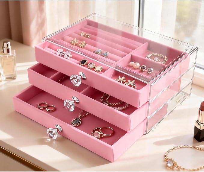 Clear Acrylic Velvet Jewelry Organizer with 3 Drawers, Stackable Display Storage Earrings Necklace Rings Bracelets Box Holder Case for Women, Pink