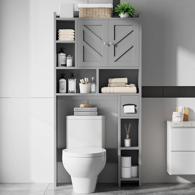 Over the Toilet Storage Cabinet, Freestanding Farmhouse Storage Cabinet Over Toilet, Bathroom Organizer with Paper Holder Stand and Adjustable Shelf, Grey