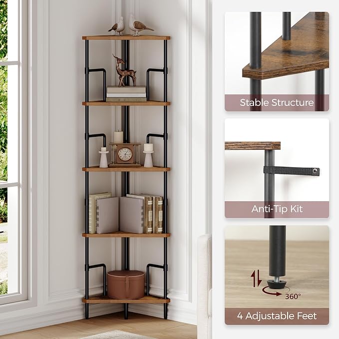 MAHANCRIS 5-Tier Corner Shelf, 52.8" Tall Corner Bookshelf with Metal Frame, Narrow Display Shelf Stand, Industrial Corner Bookcase for Living Room, Bedroom, Home Office, Rustic Brown CSHR5501