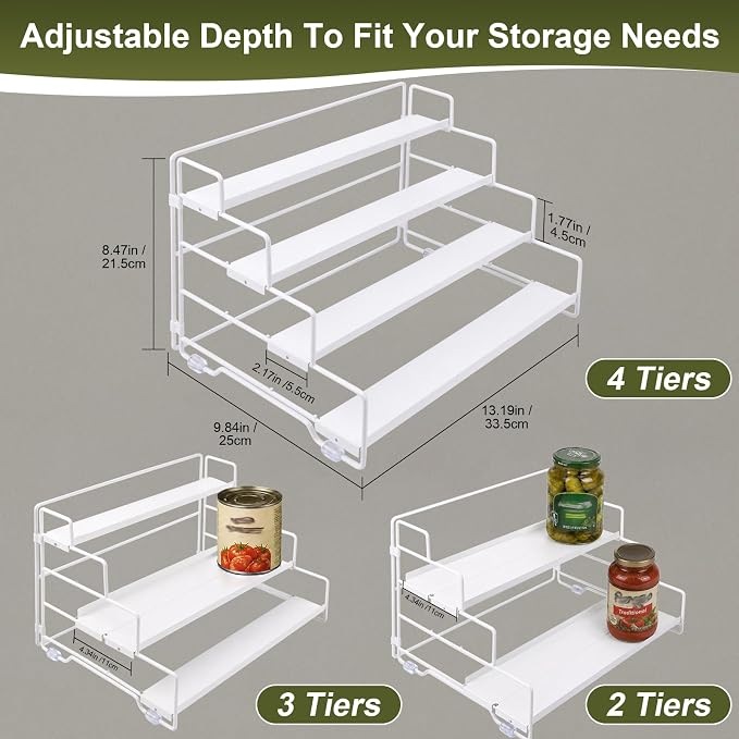 4-Tier Spice Rack Organizer for Cabinet, Adjustable Tiered Seasoning Holder, Metal Spice Shelf Organization for Kitchen, Countertop Cupboard Pantry, Space Saving Storage Shelf, Stepped Display Riser