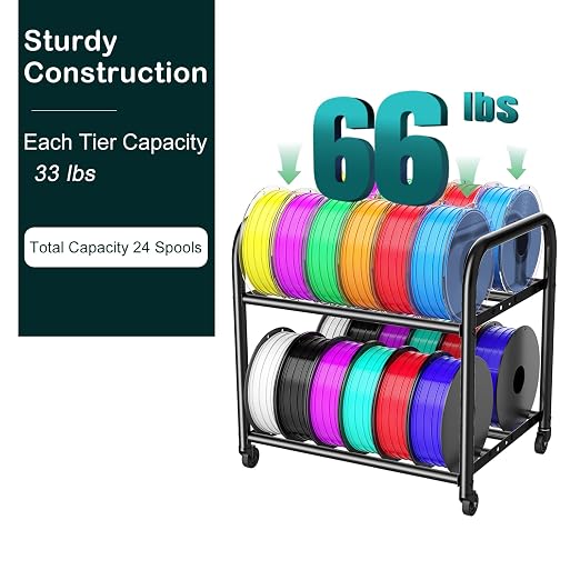 2-Tier Metal Filament Rack, 24 Spool Storage, Under Desk Cart for Workshops | Adjustable 2-tier Shelves Fit 250g-1KG Spools, Sturdy Metal, 33lb/shelf, 4 Swivel Wheels,Tool-Free Install