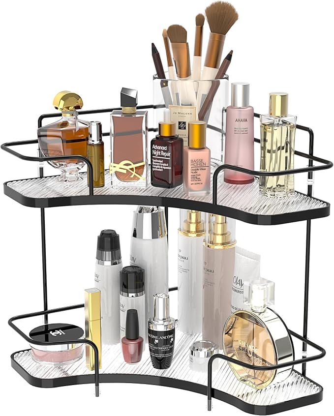 FOLLOWIN 2 Tier Countertop Corner Organizer, Corner Shelf for Vanity Countertop, Bathroom, Kitchen & Coffee Bar, Open Metal Frame with Clear Trays, Tool-Free Assembly, Space-Saving Storage, Black