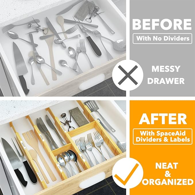 SpaceAid Bamboo Spice Drawer Organizer and Bamboo Drawer Dividers with Inserts and Labels, Kitchen Adjustable Drawer Organizers