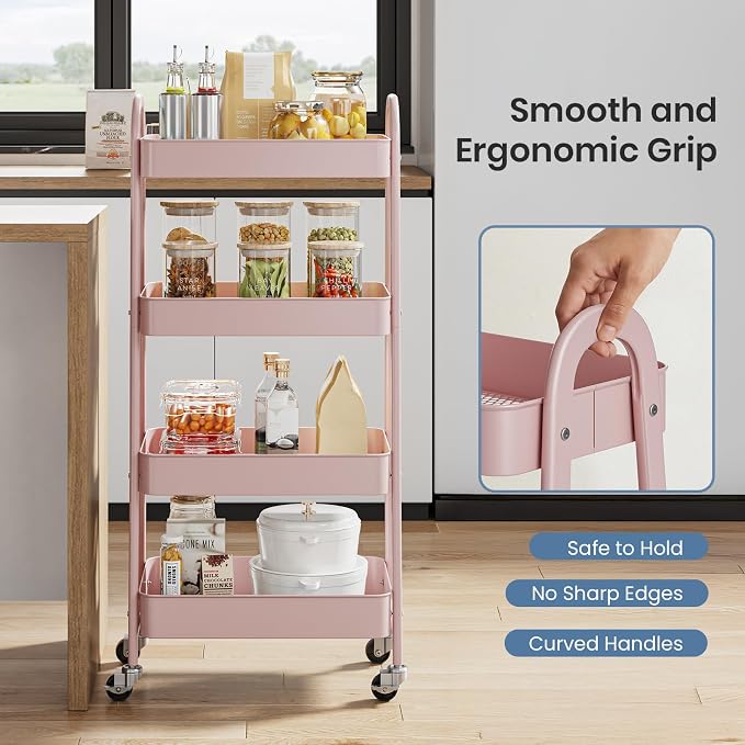 DUMOS 4 Tiers Rolling Utility Cart, Storage Organizer, Shelving Unit | Metal, Lockable Wheels, Mobile, Kitchen, Bathroom, Laundry, Narrow Places, Pink