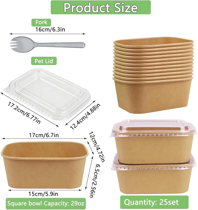 25 Pack 29oz Disposable Kraft Paper Bowls with Lids and Forks, Meal Prep Containers Disposable Soup Serving Bowls Take Out Containers for Party, Microwave Safe for Hot/Cold Food (Rectangular)