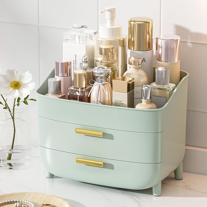 Vtopmart 3-Tier Skincare Makeup Organizer with Drawers, Green | For Vanity and Bathroom Countertop, with Drawers, Large Cosmetic Storage Box Case, , Non-Slip Base