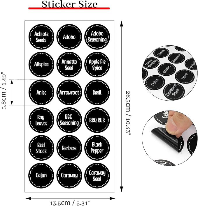 Andiker 144Pcs Spice Jar Labels, Preprinted Self-Adhesive Spice Jar Stickers, Waterproof Seasoning Label Stickers for Jars Bottles and Containers (Round, Black)