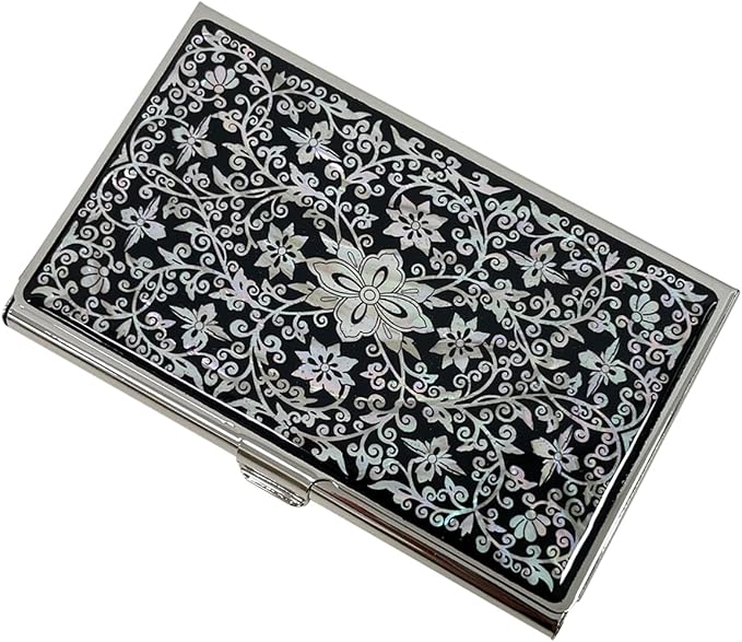 Mother of Pearl Business Card Case Credit Id Name Holder Travel Wallet Art Painting Design Metal Stainless Steel Engraved Slim Purse Pocket Cash Money Wallet (Arabesque)