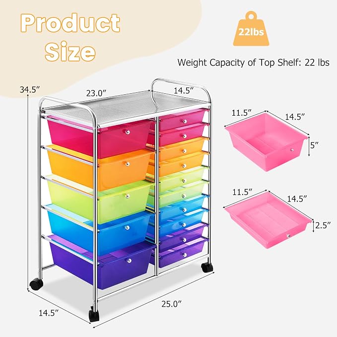 DREAMADE Rolling Cart with 15 Drawers, Utility Cart with Removable Storage Drawers, Lockable Wheels, Art Cart for Home Office Living Room Art Supplies Crafts (Rainbow, 25"L x 14.5"W x 34.5"H)