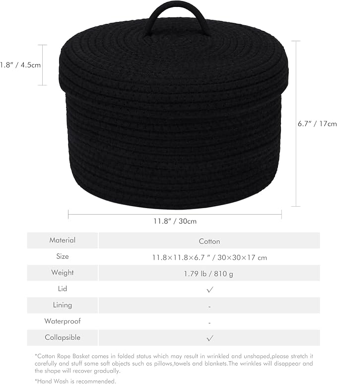 Sea Team Round Cotton Rope Storage Basket with Lid, Lidded Woven Storage Bin, Nursery Storage Container, Diaper Caddy, Baby Shower Basket, Box, Organizer, 11.8 x 11.8 x 6.7 Inches (Medium, Black)