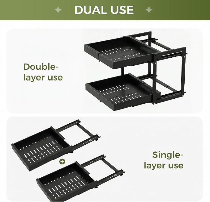 Abalter Expandable Pull Out Cabinet Organizer(12-18.5" W x 21" D), 2-Tier Slide Out Drawer for Kitchen Cabinets, Slide Out Shelves for Kitchen Countertop, Bathroom, Pantry, Heavy Duty Caddy(Black)