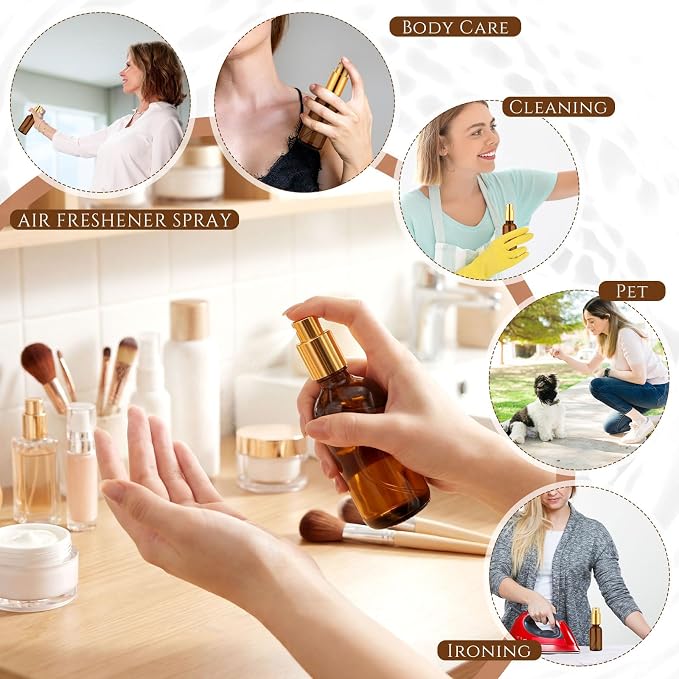 Roshtia 30 Pcs Glass Spray Bottle Clear Empty Bottles Small Refillable Reusable Perfume Bottle with Fine Mist Sprayer Pump for Face Body Travel(1 oz,Amber)