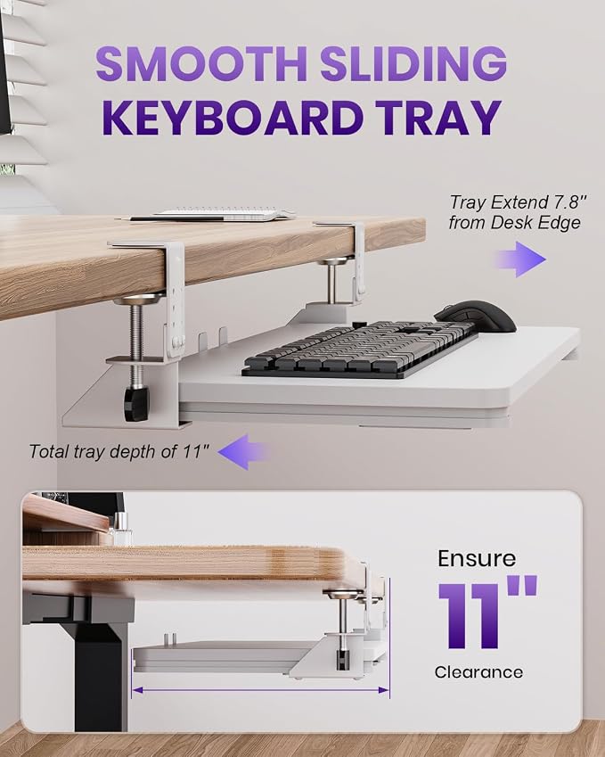 Ergonomic Mouse & Keyboard Tray Under Desk, Pull Out with Adjustable C-clamp, 20 (25.9 Including Clamps) x 11.8 Inch Slide Out Computer Keyboard Drawer Mouse Tray for Typing, White