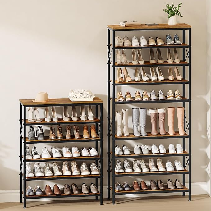 YATINEY 6-Tier Tall Shoe Rack Organizer, Wooden Shoe Storage for Closet Holds 24 Pairs, Sturdy Shoe Shelf with X-Shaped Metal Support, for Entryway, Bedroom, Rustic Brown and Black SS206BR