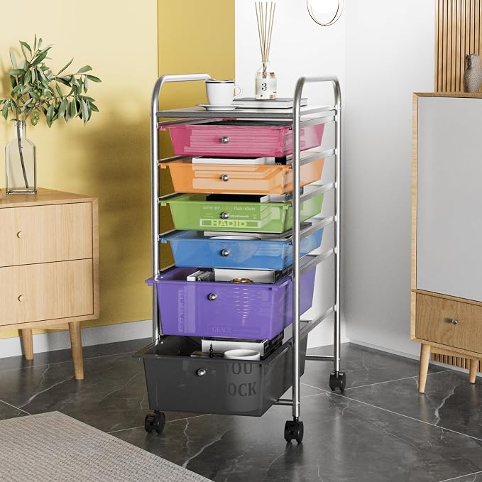 DREAMADE Rolling Cart with Storage Drawers, Utility Cart with Removable Plastic Drawers, Lockable Wheels, Art Cart for Classroom Organization Art Supplies Office Scrapbook (6 Drawers, Rainbow)