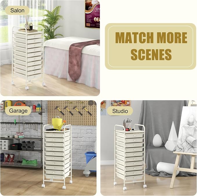 DREAMADE Rolling Cart with Storage Drawers, Utility Cart w/Removable Plastic Drawers, Lockable Wheels, Art Cart for Classroom Organization Art Supplies Office Scrapbook (10 Drawers, White)