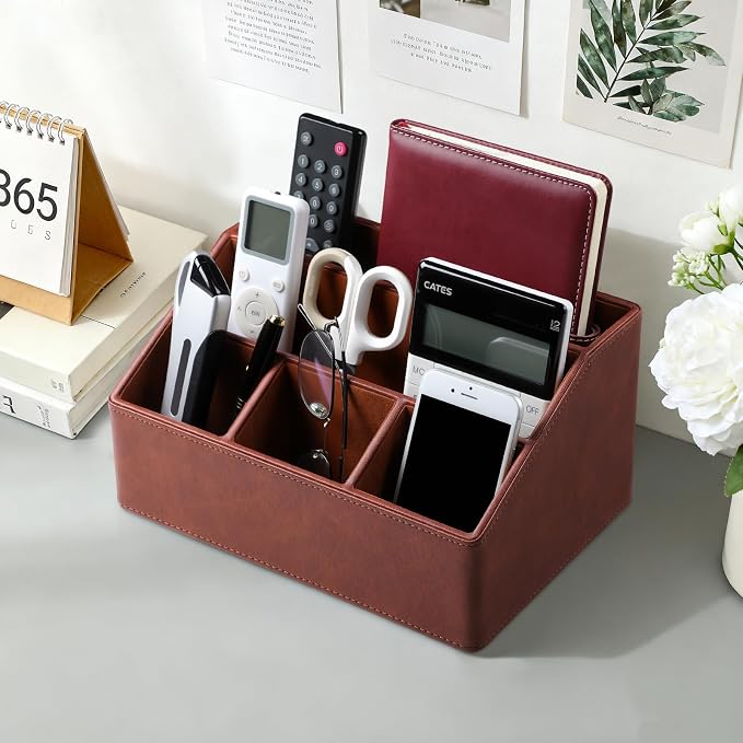 Desk Organizer Caddy with 5 Compartments for Office Art Supplies, PU Leather Nightstand Organizer Pencil Pen Desk Caddy for Home, Desktop TV Remote Control Holder Storage (Brown)
