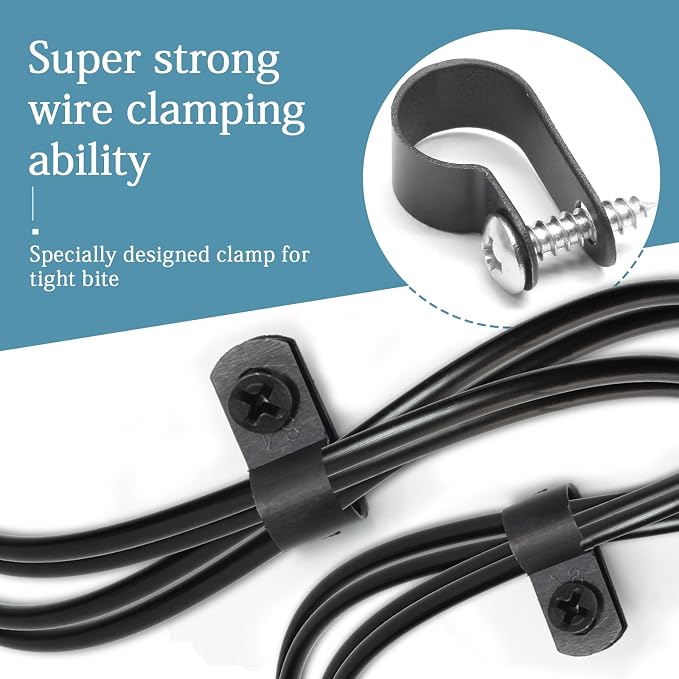 50 Pcs 1/2 Inch Black Nylon Cable Clip Wire Clamp | R-type, 13.2mm, Screw Mounting, Stainless Steel Screws Included, Wire Management