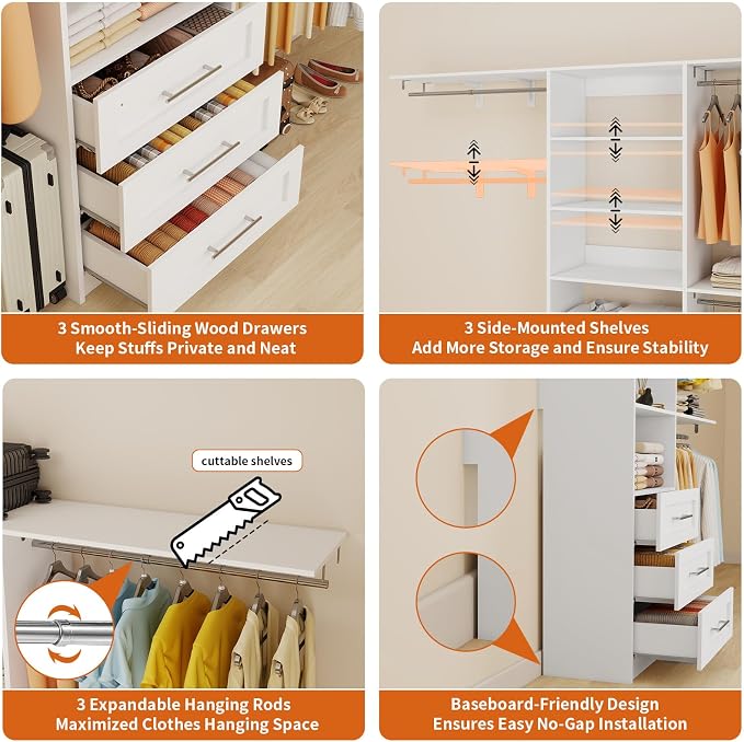 Closet System with Drawers, 4-8FT Closet Organizer System with Cuttable Shelves & 3 Expandable Hanging Rods, 96” Walk in Closet Organizer Storage System, Modular Closet Systems Adjustable, White
