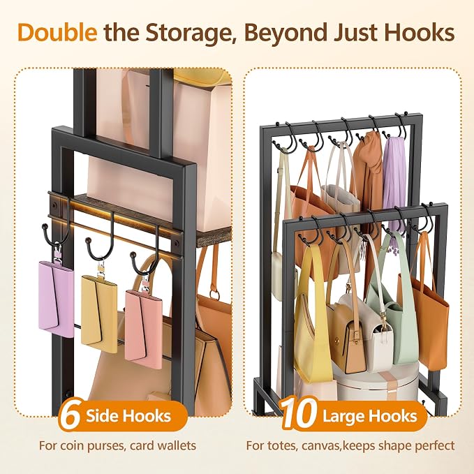 Tall Purse Organizer with Double Rods:Purse Rack Stand with 10 Purse Hanger & 6 Side Hooks,Visible Backpack Handbag Storage, Space-Saving Bag Organizer Rack for Home, Closet, Small Space,Black
