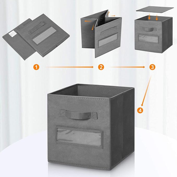 Fabric storage cubes (Set of 8) 11 Inch Cube Storage Bin, cube storage with 8 Labels Window Cards & a Pen, Foldable cube organizer bins, 11x11 storage bin, Cubby Organizer bins, Gray