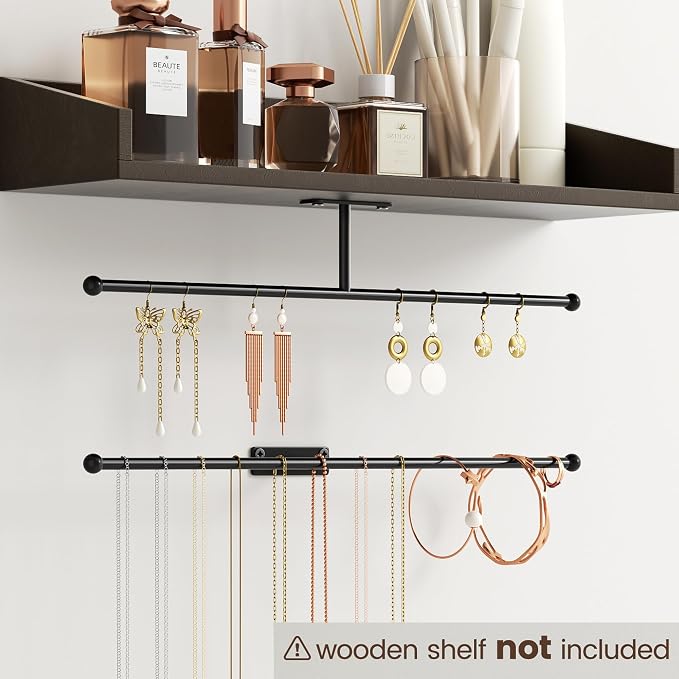 Wall Hanging Jewelry Organizer: 12.6'' Necklace Holder for Earring, Bracelet, Rings, Hairband, Glasses, Black 2-Pack, Screws Included