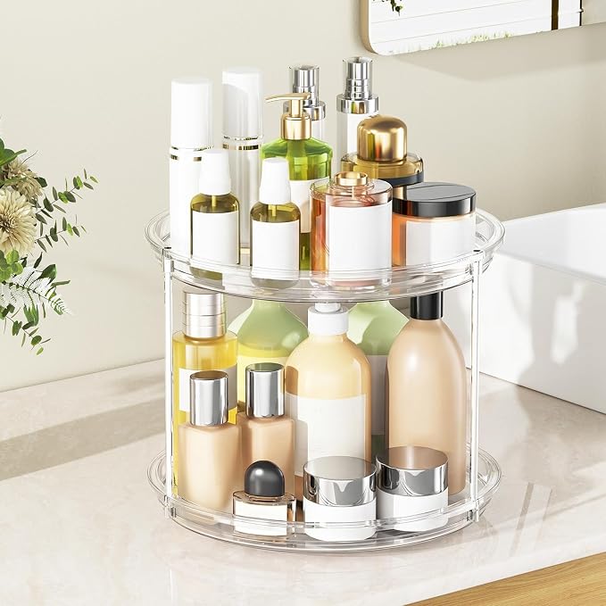 360° Rotating Makeup Organizer 2 Tier 9" Clear Lazy Susan Turntable Skincare Perfume Organizer Bathroom Countertop Vanity Tray Space-Saving Cosmetic Storage for Dresser