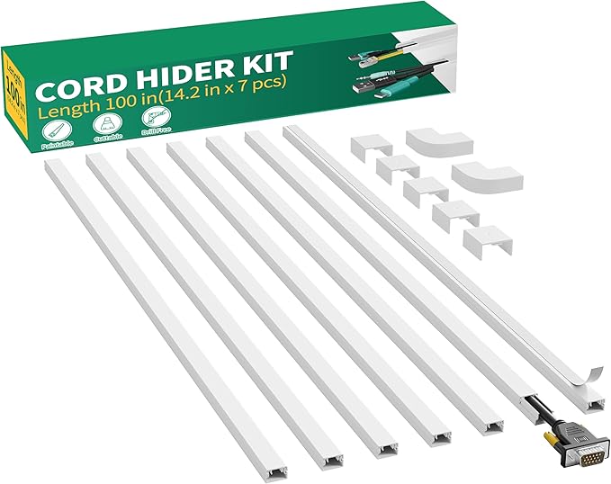 Delamu Cord Hider, 100in Self-Adhesive Cord Cover Kit for Wall Mounted TV, Paintable Wire Hider, Flexible Cable Management System, Cable Raceway Conceals 1-2 Wires, W0.59 H0.40in, White