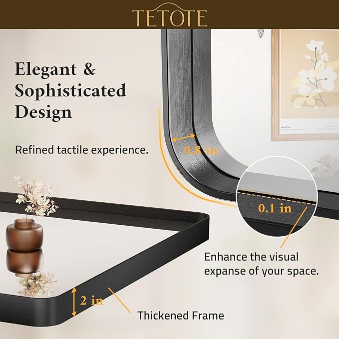 TETOTE 32 x 36 Inch Black Mirror for Bathroom,Vanity Mirror, Modern Rectangle Round Corner Matte Framed Mirror (Horizontal/Vertical)